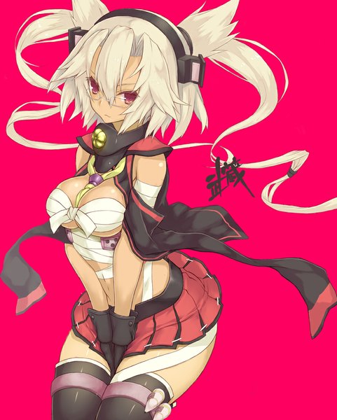 Anime picture 802x1000 with kantai collection musashi super battleship goekawa single long hair tall image looking at viewer breasts light erotic blonde hair simple background red eyes large breasts no bra two side up pink background girl thighhighs skirt gloves