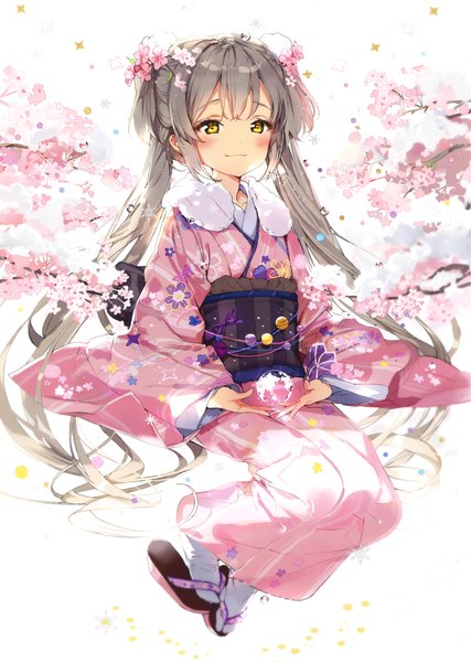 Anime picture 2347x3300 with original eshi 100-nin ten anmi single long hair tall image looking at viewer blush highres sitting twintails brown eyes hair flower grey hair scan wide sleeves fur trim cherry blossoms girl hair ornament