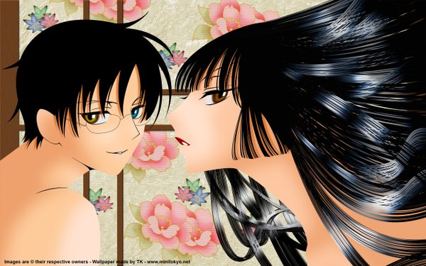 Anime picture 2560x1600 with xxxholic clamp ichihara yuuko watanuki kimihiro highres black hair wide image brown eyes couple heterochromia glasses