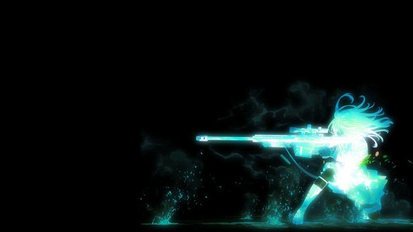 Anime picture 1920x1080 with original kozaki yusuke single highres short hair simple background wide image wind wallpaper black background third-party edit polychromatic girl skirt weapon petals gun leaf (leaves) sniper rifle shell casing