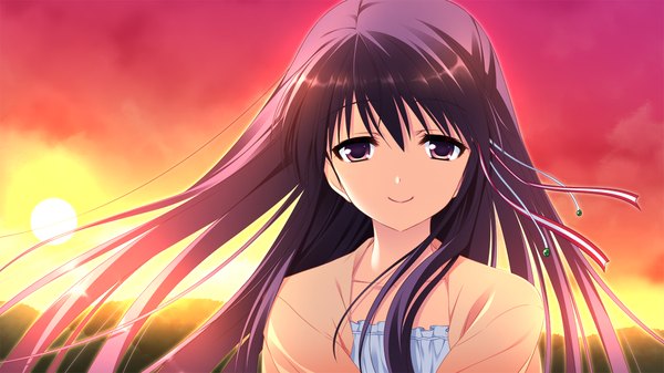 Anime picture 1280x720 with tojita sekai no tori colony single long hair looking at viewer smile red eyes wide image game cg purple hair evening sunset girl