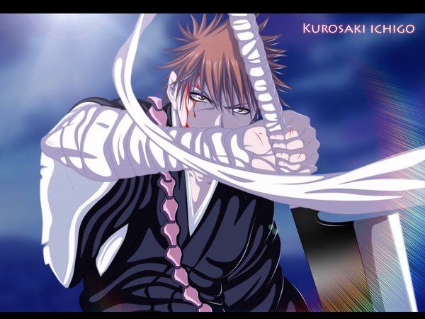 Anime picture 1200x900 with bleach studio pierrot kurosaki ichigo hollowcn single short hair brown hair yellow eyes japanese clothes inscription coloring light letterboxed boy weapon kimono blood bandage (bandages) huge weapon huge sword