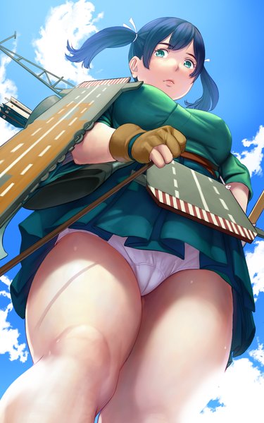 Anime picture 1200x1920 with kantai collection souryuu aircraft carrier turiganesou800 (artist) single tall image looking at viewer short hair breasts blue eyes light erotic standing twintails blue hair sky cloud (clouds) traditional clothes japanese clothes from below pantyshot looking down