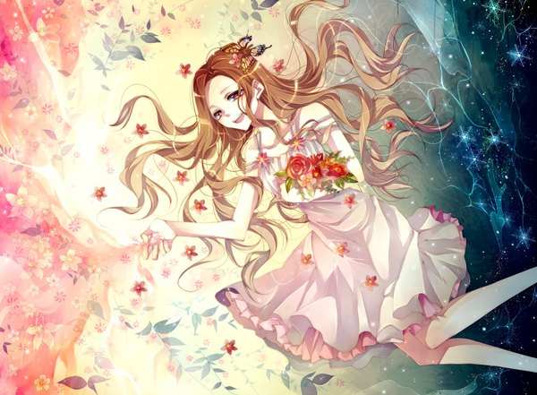 Anime picture 3400x2500 with original tsukioka tsukiho long hair highres red eyes bare shoulders absurdres sparkle sleeveless girl dress flower (flowers) petals insect butterfly snowflake (snowflakes)