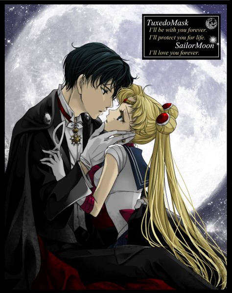 Anime picture 1061x1343 with bishoujo senshi sailor moon toei animation tsukino usagi sailor moon tuxedo kamen sarashina kau long hair tall image short hair blue eyes black hair blonde hair sitting twintails profile black eyes inscription hair bun (hair buns) couple hug