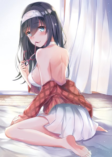 Anime picture 715x1000 with fate (series) idolmaster idolmaster cinderella girls fate/hollow ataraxia sagisawa fumika konka single long hair tall image looking at viewer blush fringe breasts blue eyes light erotic black hair smile hair between eyes large breasts sitting