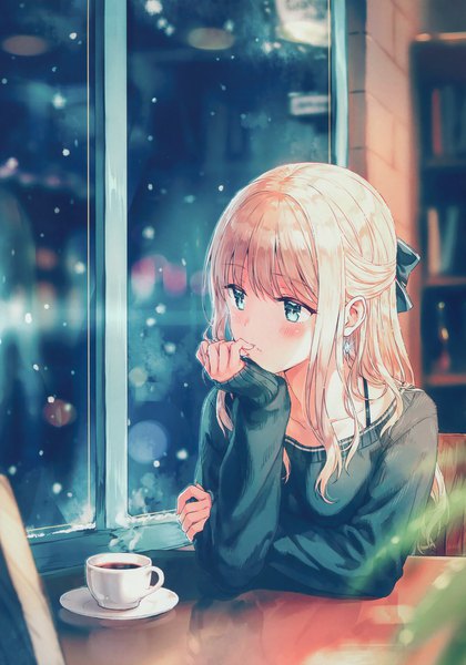 Anime picture 2308x3300 with original kagurazaka reina hiten (hitenkei) single long hair tall image blush fringe highres blonde hair sitting looking away upper body indoors long sleeves aqua eyes blurry scan sparkle finger to mouth