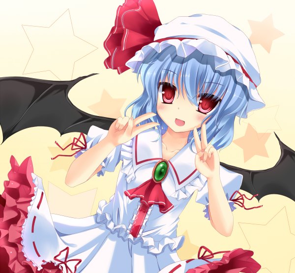 Anime picture 1200x1110 with touhou remilia scarlet fujieda uzuki single blush short hair open mouth red eyes blue hair victory girl dress wings frills star (symbol) bonnet brooch