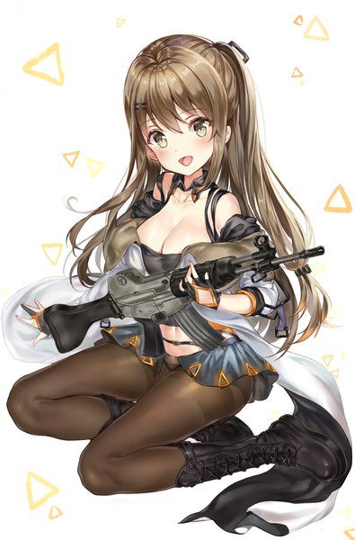 Anime picture 1367x2075 with girls frontline k-2 (girls frontline) narae single long hair tall image blush fringe breasts open mouth light erotic hair between eyes brown hair white background sitting holding brown eyes cleavage full body :d