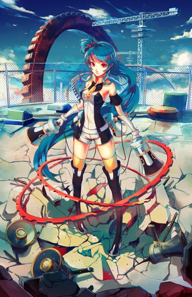 Anime picture 1048x1620 with original saimon ma single tall image red eyes standing bare shoulders blue hair sky cloud (clouds) very long hair multicolored hair zettai ryouiki ruins abstract girl thighhighs gloves shorts white gloves