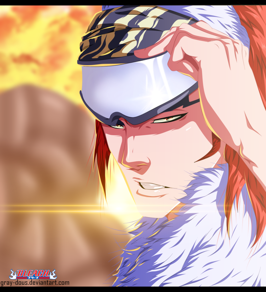 Anime picture 1322x1456 with bleach studio pierrot abarai renji gray-dous single long hair tall image red eyes sky cloud (clouds) red hair sunlight inscription grin coloring close-up boy fur sun goggles