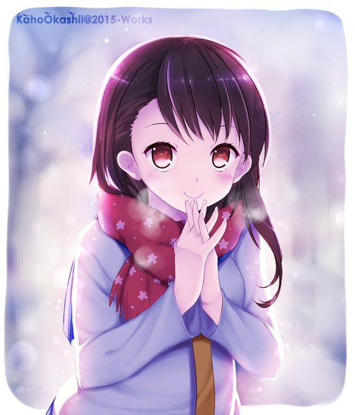 Anime picture 1200x1400 with nisekoi shaft (studio) onodera kosaki kaho okashii single long hair tall image looking at viewer blush black hair smile red eyes girl scarf