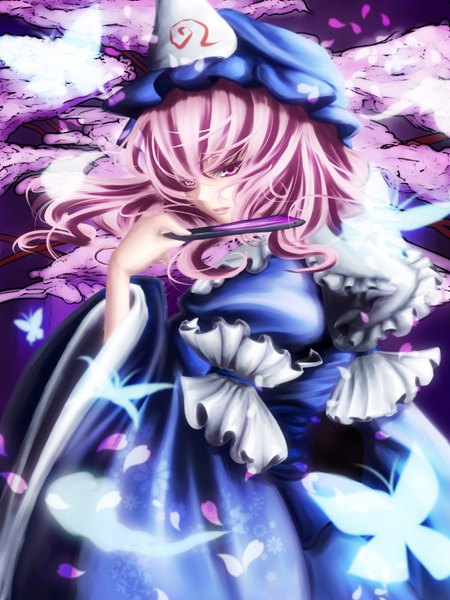 Anime picture 1200x1600 with touhou saigyouji yuyuko untue single tall image short hair pink hair pink eyes cherry blossoms ghost girl dress petals frills insect butterfly obi bonnet fan