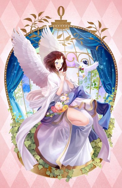 Anime picture 648x1000 with original siro single tall image fringe short hair open mouth brown hair purple eyes happy flying white wings weightlessness girl flower (flowers) plant (plants) animal wings bowtie bird (birds)