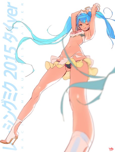 Anime-Bild 1000x1315 mit vocaloid goodsmile racing hatsune miku racing miku racing miku (2015) yd (orange maru) single long hair tall image looking at viewer blue eyes light erotic simple background white background twintails signed one eye closed wink aqua hair arms up