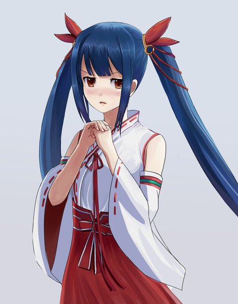 Anime picture 1200x1534 with conception: ore no kodomo wo undekure! ruka (conception) ??? (artist) single long hair tall image looking at viewer blush fringe simple background twintails brown eyes payot blue hair blunt bangs traditional clothes parted lips japanese clothes grey background wide sleeves