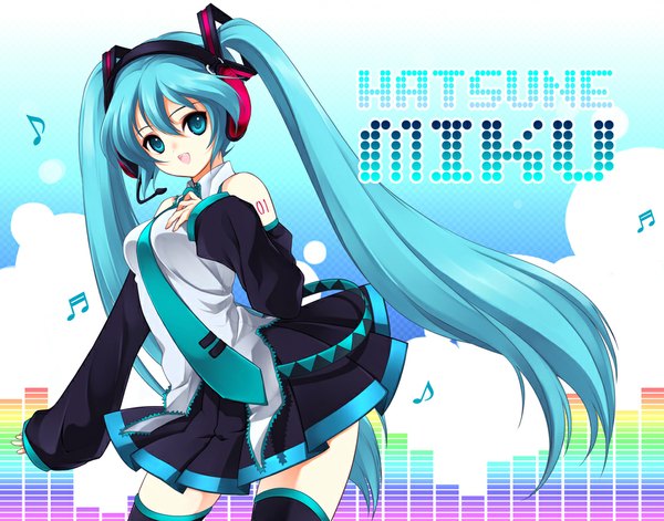 Anime picture 1000x785 with vocaloid hatsune miku juna single open mouth blue eyes twintails bare shoulders blue hair very long hair zettai ryouiki girl skirt detached sleeves miniskirt necktie headphones musical note