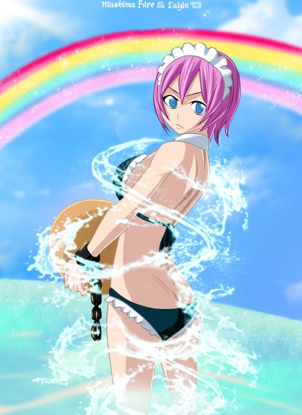 Anime picture 1024x1403 with fairy tail virgo (fairy tail) raijin13 single tall image short hair blue eyes light erotic pink hair sky cloud (clouds) looking back sunlight coloring magic girl swimsuit bikini water hairband