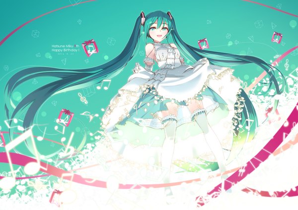 Anime picture 3900x2757 with vocaloid hatsune miku pemu single looking at viewer blush fringe highres open mouth smile hair between eyes twintails bare shoulders holding absurdres very long hair aqua eyes alternate costume wallpaper character names