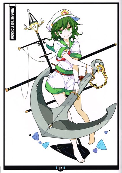 Anime picture 4283x6079 with touhou murasa minamitsu ideolo single tall image looking at viewer fringe highres short hair smile white background green eyes absurdres barefoot green hair scan character names girl shorts chain