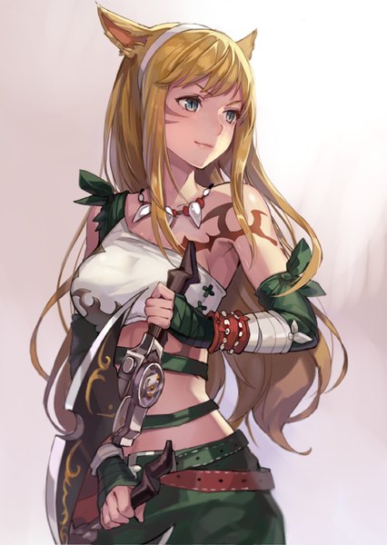 Anime picture 600x844 with final fantasy final fantasy xiv square enix miqo'te momoko (momopoco) single long hair tall image blush fringe breasts blue eyes blonde hair large breasts standing holding animal ears looking away looking back teeth