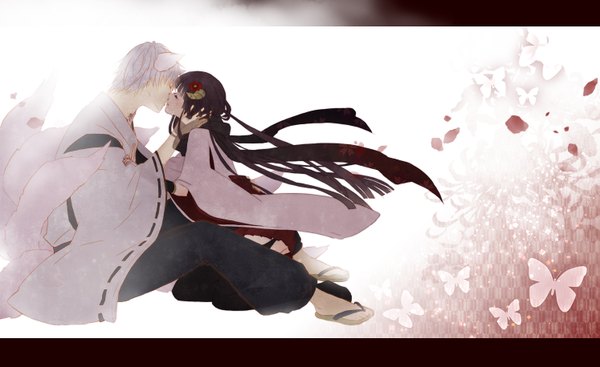 Anime picture 1494x916 with inu x boku ss david production shirakiin ririchiyo miketsukami soushi noah 0628 long hair blush short hair open mouth wide image sitting animal ears tail eyes closed traditional clothes japanese clothes profile barefoot hair flower horn (horns)