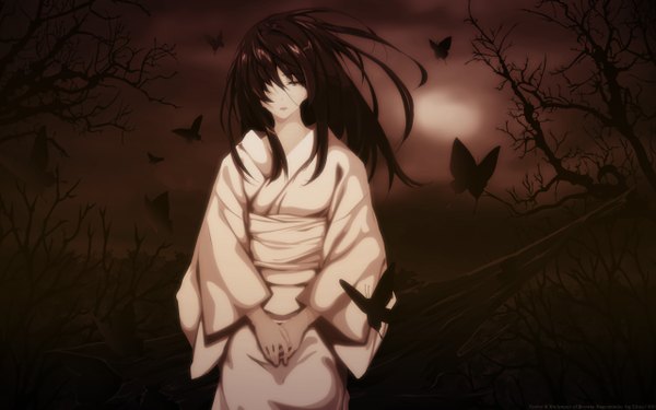 Anime picture 2560x1600 with cartagra nagomibako innocent grey kouzuki yura sugina miki cilou (artist) single long hair highres black hair wide image signed japanese clothes copyright name 2011 girl plant (plants) tree (trees) kimono insect