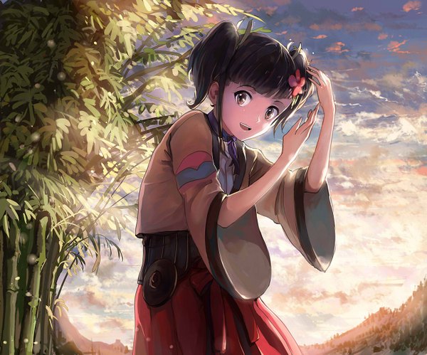 Anime picture 1300x1083 with koutetsujou no kabaneri wit studio mumei (kabaneri) sishenfan single looking at viewer fringe short hair open mouth black hair smile standing twintails brown eyes sky cloud (clouds) outdoors blunt bangs long sleeves pleated skirt