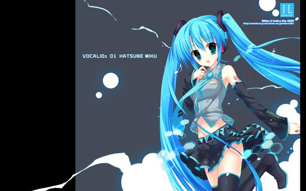 Anime picture 1680x1050 with vocaloid hatsune miku mitha blue eyes wide image signed blue hair zettai ryouiki girl skirt indico lite