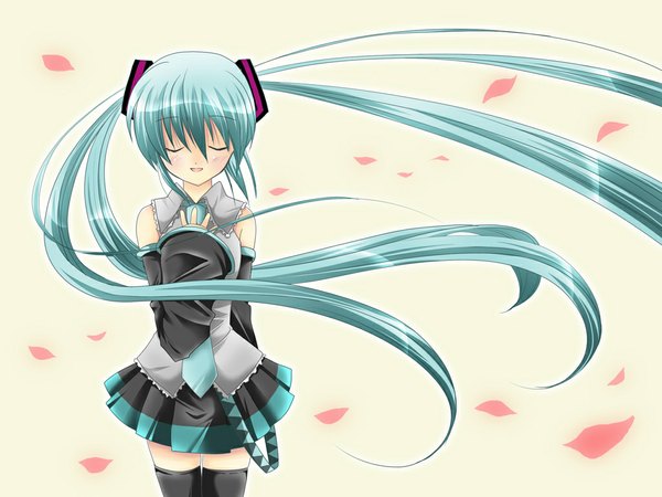 Anime picture 1024x768 with vocaloid hatsune miku oumi neneha otoneha long hair twintails eyes closed very long hair aqua hair zettai ryouiki girl thighhighs skirt detached sleeves petals necktie