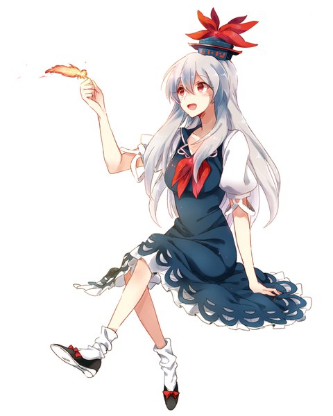 Anime picture 1400x1750 with touhou kamishirasawa keine six (fnrptal1010) single long hair tall image blush open mouth red eyes sitting looking away silver hair girl dress hat socks white socks feather (feathers)
