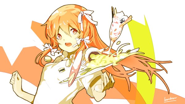 Anime picture 1200x675 with original loundraw single long hair looking at viewer fringe open mouth wide image signed orange hair teeth girl ribbon (ribbons) hair ribbon food sweets ice cream blouse tray plate