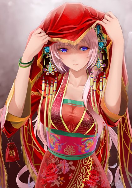 Anime picture 1120x1600 with vocaloid megurine luka okingjo single long hair tall image looking at viewer blue eyes pink hair traditional clothes girl hair ornament omamori