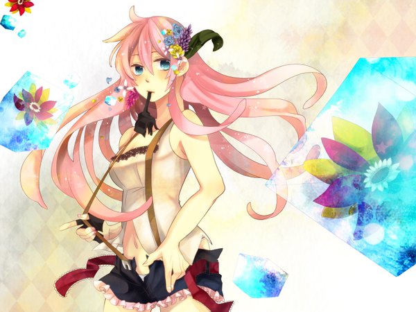 Anime picture 1500x1125 with vocaloid megurine luka ichinose (sorario) long hair blue eyes pink hair hair flower mouth hold girl hair ornament flower (flowers) shorts