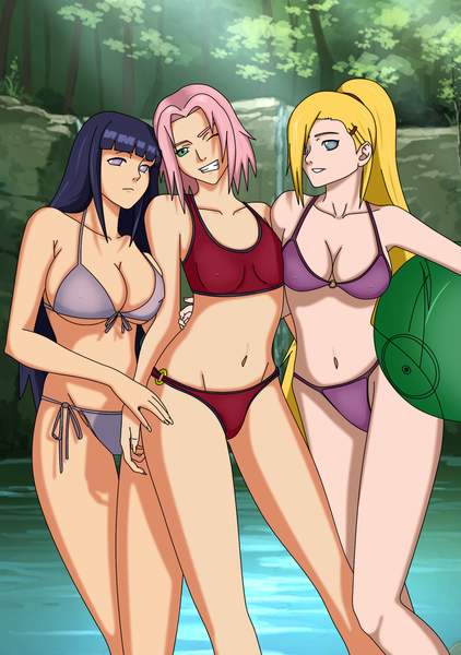 Anime picture 1600x2274 with naruto studio pierrot naruto (series) hyuuga hinata haruno sakura yamanaka ino flowerinhell tall image looking at viewer fringe short hair breasts light erotic blonde hair smile standing purple eyes bare shoulders multiple girls green eyes