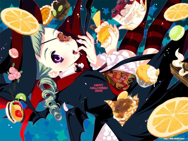 Anime picture 1280x960 with 888 single halloween witch girl thighhighs wings eyepatch striped thighhighs orange (fruit)