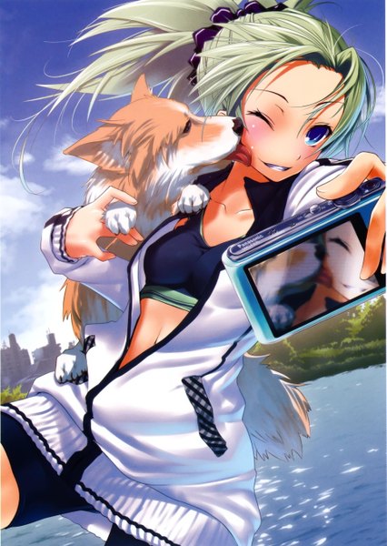 Anime picture 1917x2702 with original nilitsu long hair tall image blush fringe highres blue eyes smile holding sky cloud (clouds) ponytail tail long sleeves one eye closed green hair wink scan open clothes