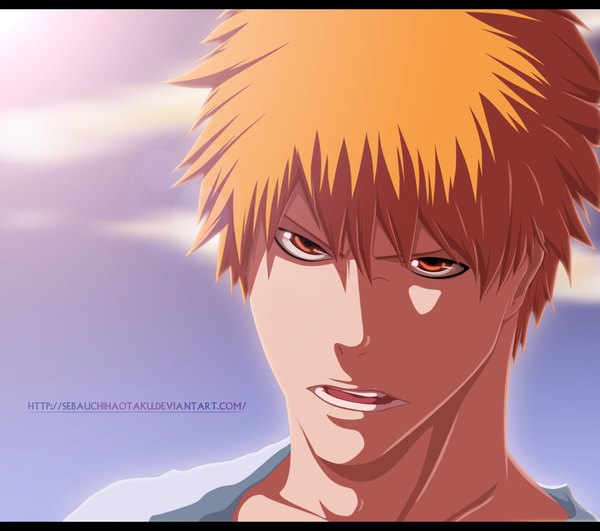 Anime picture 2000x1771 with bleach studio pierrot kurosaki ichigo sebaemanuel single highres short hair open mouth sky cloud (clouds) sunlight orange hair orange eyes coloring close-up face boy