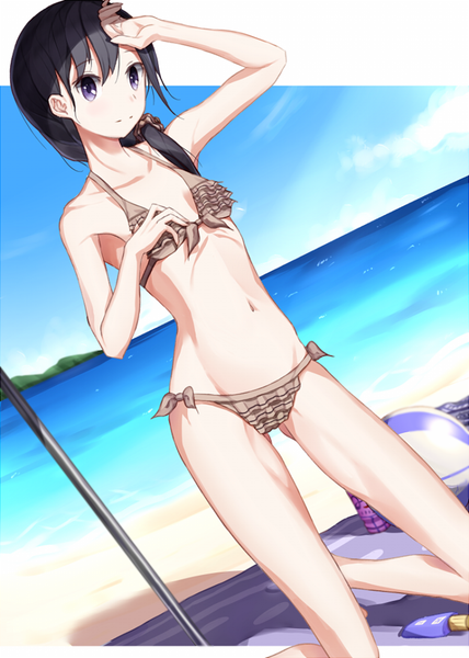 Anime picture 700x980 with original atha (leejuiping) single long hair tall image fringe breasts light erotic black hair hair between eyes purple eyes looking away sky cloud (clouds) bent knee (knees) outdoors shadow armpit (armpits) dutch angle beach