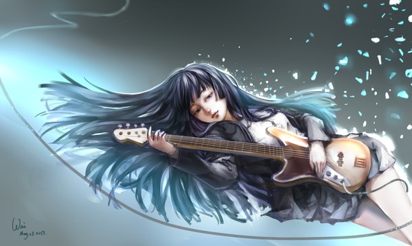 Anime picture 2362x1417 with k-on! kyoto animation akiyama mio weixvi single long hair highres black hair wide image holding signed lying black eyes dated girl uniform school uniform musical instrument guitar electric guitar