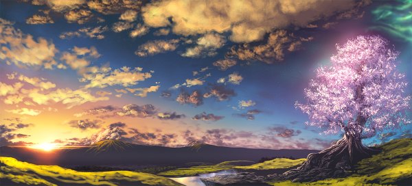 Anime picture 1200x544 with original mikamin wide image sky cloud (clouds) realistic cherry blossoms mountain river nature aurora borealis plant (plants) tree (trees) water grass sun