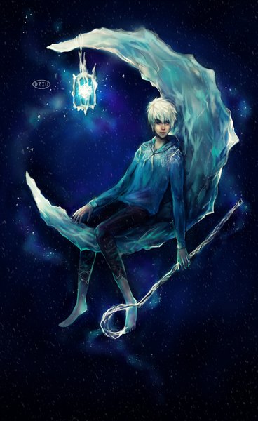 Anime picture 1100x1793 with rise of the guardians dreamworks jack frost (rise of the guardians) dziu09 tall image short hair blue eyes sitting white hair barefoot night night sky snowing boy staff snowflake (snowflakes) lantern moon (symbol) ice