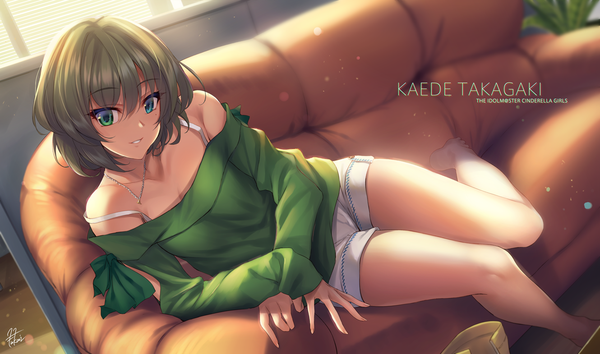 Anime picture 1330x785 with idolmaster idolmaster cinderella girls takagaki kaede fukai ryosuke single looking at viewer fringe short hair breasts blue eyes hair between eyes brown hair wide image sitting bare shoulders green eyes signed indoors long sleeves parted lips