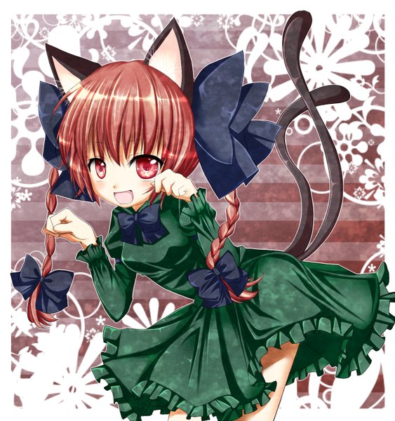 Anime picture 1408x1500 with touhou kaenbyou rin harukaruha (artist) tall image open mouth red eyes animal ears red hair braid (braids) cat ears cat tail loli twin braids girl dress bow hair bow