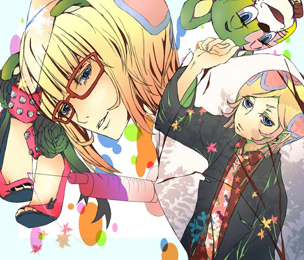 Anime picture 1050x900 with kuuchuu buranko toei animation irabu ichiro mayumi-chan obukuma (artist) short hair blue eyes blonde hair smile animal ears nail polish multiple persona mouse ears boy bow ribbon (ribbons) glasses shoes bracelet syringe