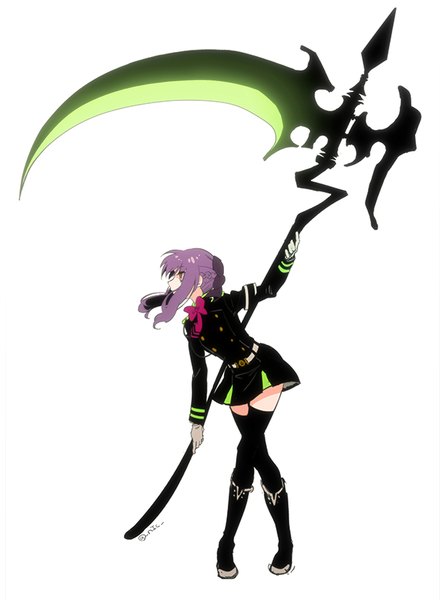 Anime picture 600x808 with owari no seraph wit studio hiiragi shinoa nishikiori single long hair tall image fringe simple background red eyes standing white background holding signed payot looking away purple hair ahoge braid (braids) profile