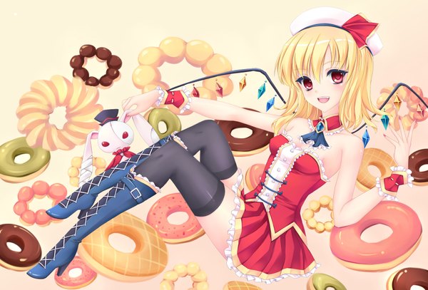 Anime picture 1769x1200 with touhou flandre scarlet fred0092 single blush highres short hair open mouth blonde hair red eyes bare shoulders girl thighhighs dress skirt black thighhighs wings food boots frills