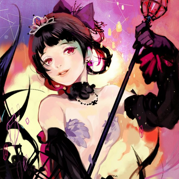 Anime picture 800x800 with six hearts princess black princess teiue tamaki coida single fringe short hair breasts light erotic black hair smile red eyes bare shoulders looking away flat chest girl gloves bow hair bow earrings