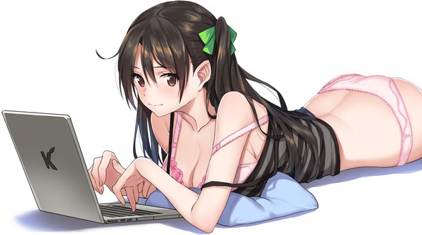 Anime picture 2068x1152 with original saitom single long hair blush fringe highres breasts light erotic simple background hair between eyes brown hair wide image white background brown eyes ahoge ass lying one side up strap slip