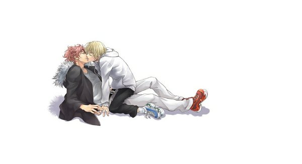 Anime picture 1100x600 with air gear toei animation mikura kazuma spitfire short hair simple background blonde hair wide image white background sitting pink hair eyes closed multiple boys shadow couple kneeling holding hands reclining face to face kiss